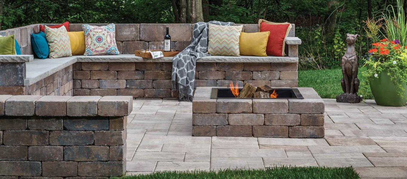 Seating Wall and a Paver Patio with Fire Pit