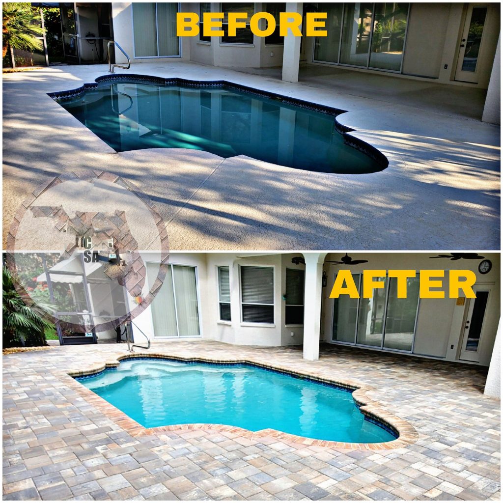 Pool remodel pavers over existing concrete pool deck.